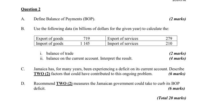 Question 2 A Define Balance Of Payments Bop B Use The Following Data In Billions Of Dollars For The Given Year To 1