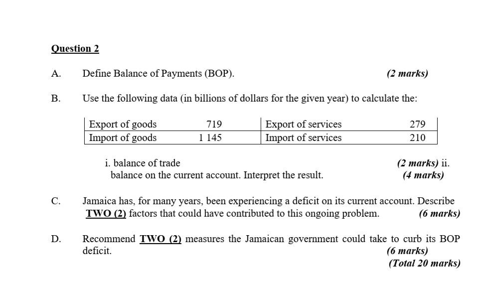 Question 2 A Define Balance Of Payments Bop 2 Marks B Use The Following Data In Billions Of Dollars For The Give 1