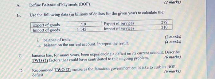 2 Marks A Define Balance Of Payments Bop B Use The Following Data In Billions Of Dollars For The Given Year To 1