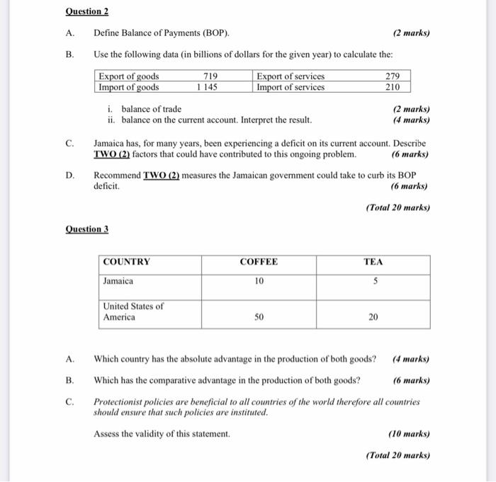 Question 2 A Define Balance Of Payments Bop B Use The Following Data In Billions Of Dollars For The Given Year To 1
