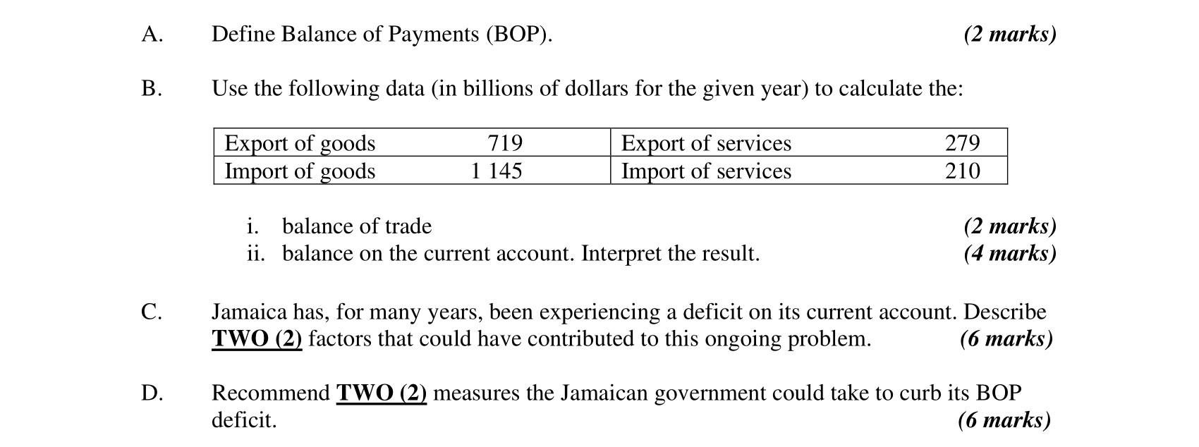 A Define Balance Of Payments Bop B Use The Following Data In Billions Of Dollars For The Given Year To Calculate 1