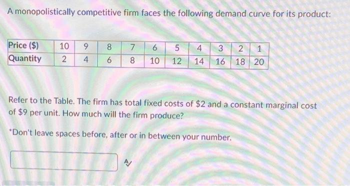 A Monopolistically Competitive Firm Faces The Following Demand Curve For Its Product Price 10 9 8 7 6 5 4 3 2 1 Qua 1