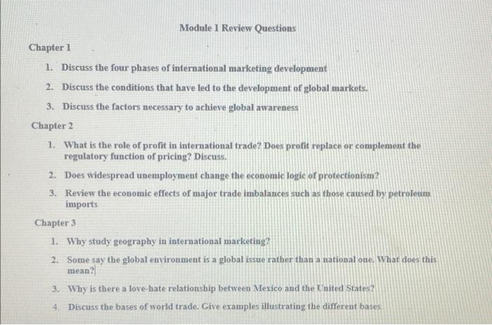Module 1 Review Questions Chapter 1 1 Discuss The Four Phases Of International Marketing Development 2 Discuss The Con 1