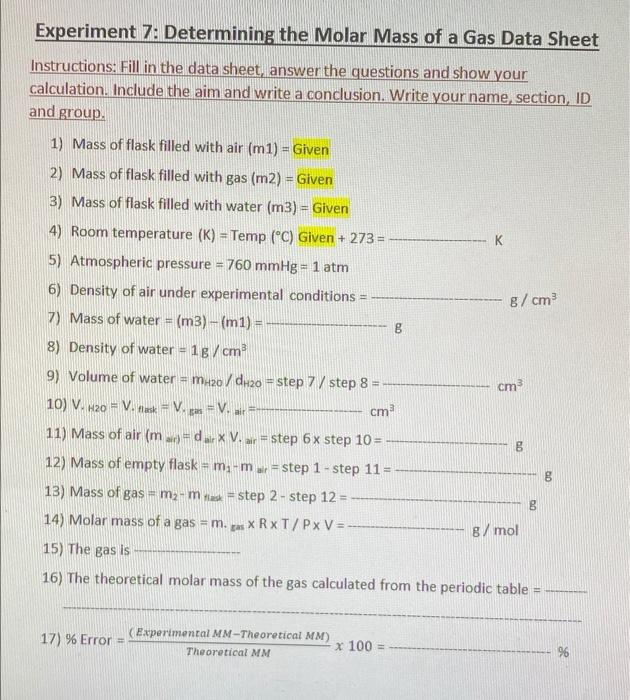 Experiment 7 Determining The Molar Mass Of A Gas Data Sheet Instructions Fill In The Data Sheet Answer The Questions A 1