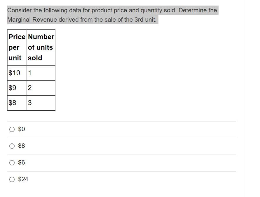 Consider The Following Data For Product Price And Quantity Sold Determine The Marginal Revenue Derived From The Sale Of 1