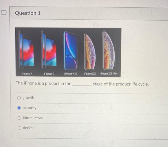 D Question 1 Iphone 7 Iphone 8 Iphone X The Iphone Is A Product In The O Growth Maturity O Introductory O Decline Ipho 1