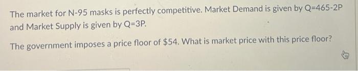 The Market For N 95 Masks Is Perfectly Competitive Market Demand Is Given By Q 465 2p And Market Supply Is Given By Q 3 1