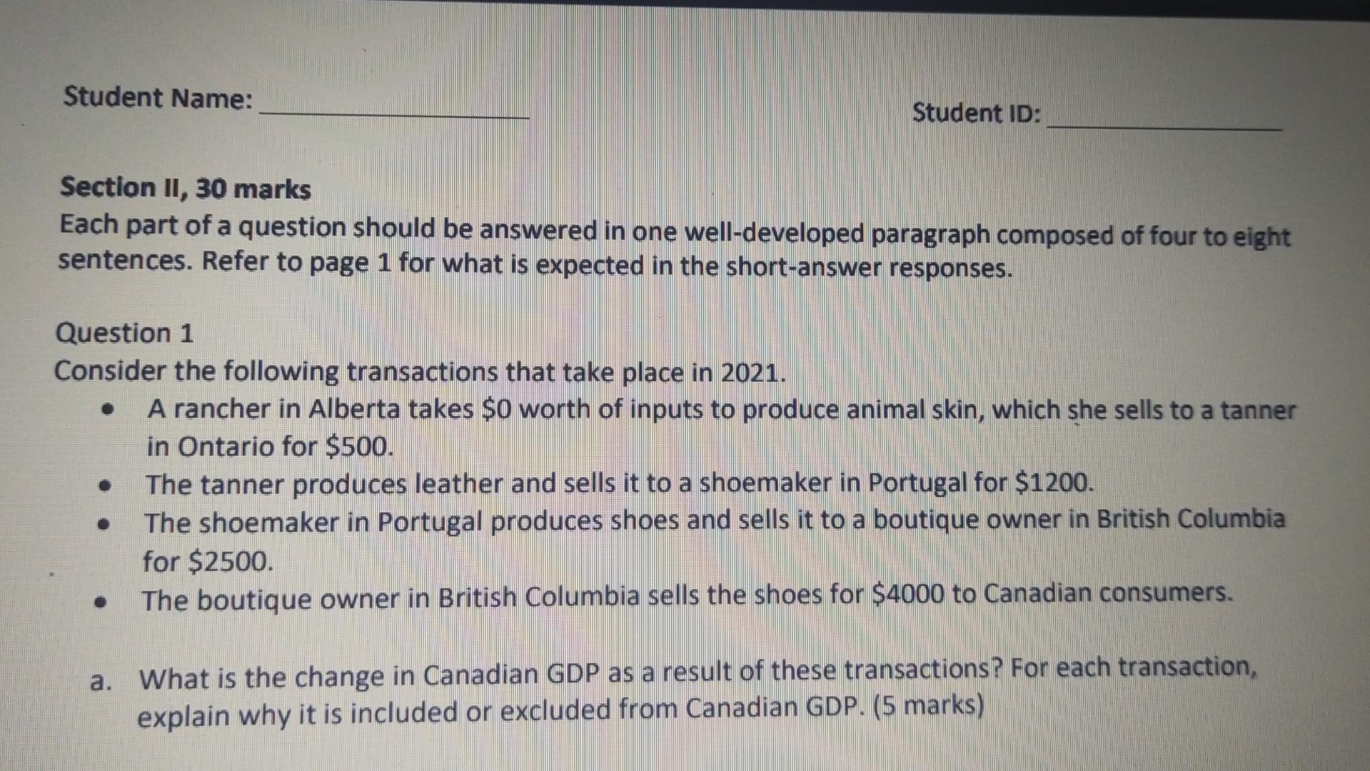 Student Name Student Id Section Ii 30 Marks Each Part Of A Question Should Be Answered In One Well Developed Paragrap 1