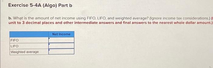 Exercise 5 4a Algo Effect Of Inventory Cost Flow Fifo Lifo And Weighted Average On Gross Margin Lo 5 1 The Follow 2