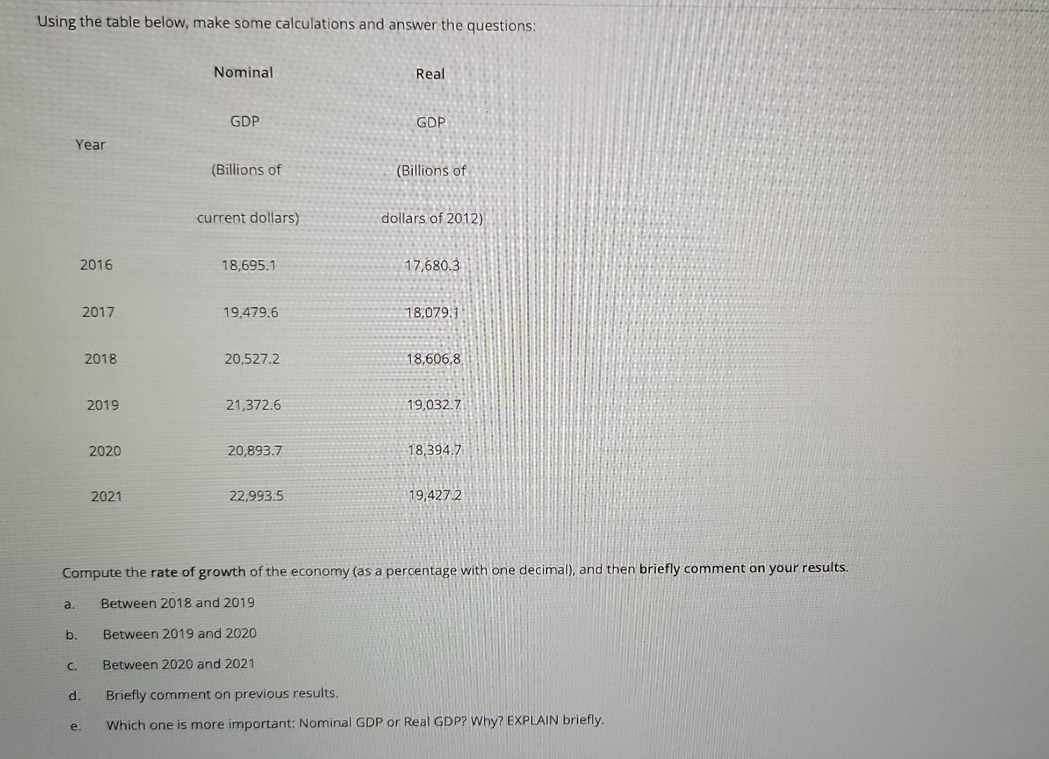 Using The Table Below Make Some Calculations And Answer The Questions Nominal Real Gdp Gdp Year Billions Of Billions 1
