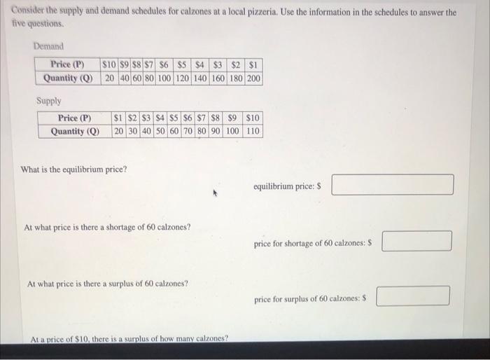Consider The Supply And Demand Schedules For Calzones At A Local Pizzeria Use The Information In The Schedules To Answe 1