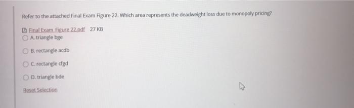 Refer To The Attached Final Exam Figure 22 Which Area Represents The Deadweight Loss Due To Monopoly Pricing Final Exa 1