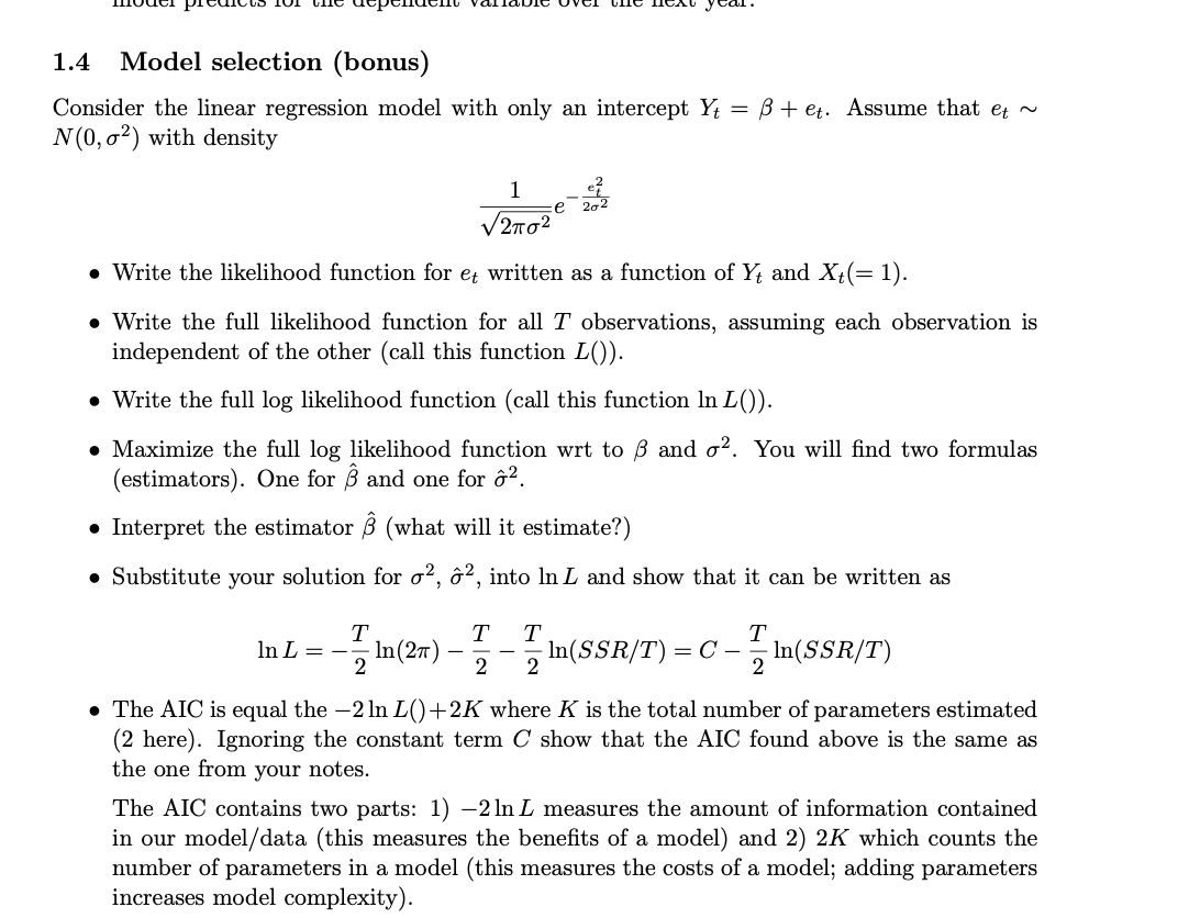 1 4 Model Selection Bonus Consider The Linear Regression Model With Only An Intercept Y Ss Et Assume That Et N 0 1
