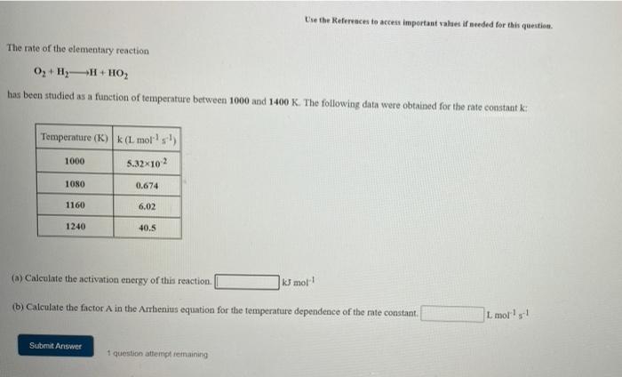 Use The References To Acces Important Vales If Needed For This Question The Rate Of The Elementary Reaction O H H Hoz 1