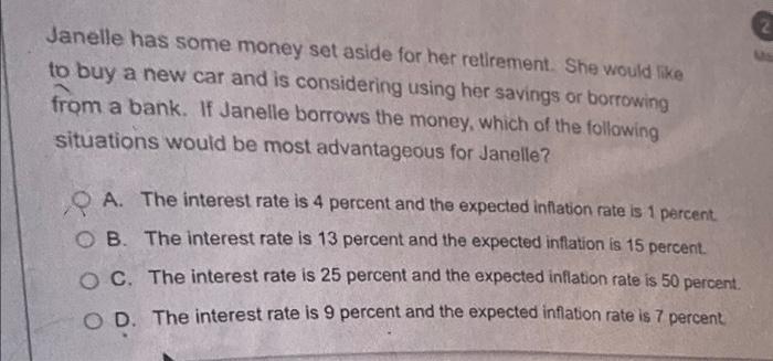 Janelle Has Some Money Set Aside For Her Retirement She Would Like To Buy A New Car And Is Considering Using Her Saving 1
