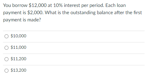 You Borrow 12 000 At 10 Interest Per Period Each Loan Payment Is 2 000 What Is The Outstanding Balance After The Fi 1