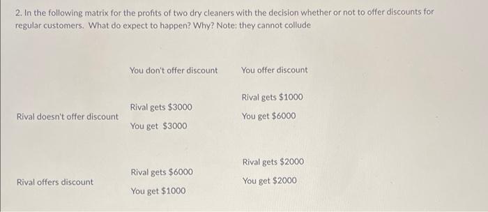 2 In The Following Matrix For The Profits Of Two Dry Cleaners With The Decision Whether Or Not To Offer Discounts For R 1