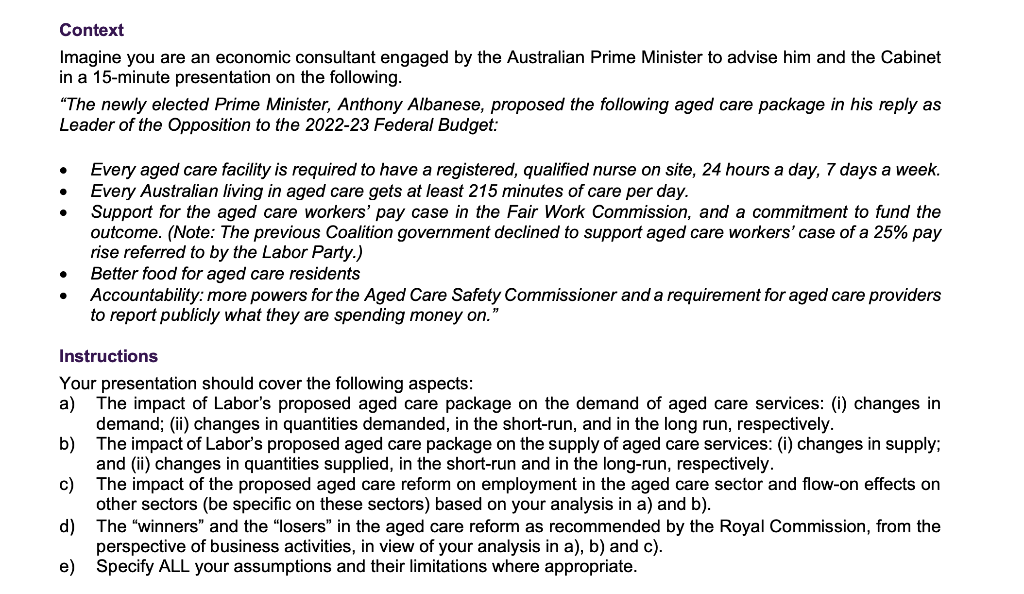 Context Imagine You Are An Economic Consultant Engaged By The Australian Prime Minister To Advise Him And The Cabinet In 1