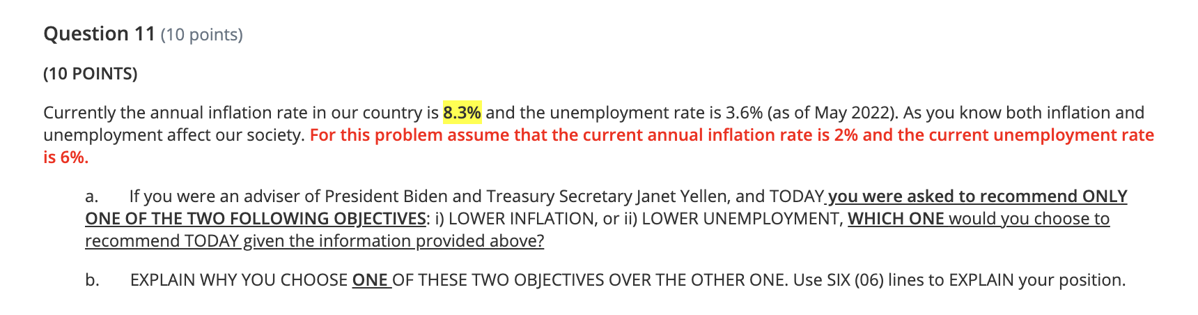 Question 11 10 Points 10 Points Currently The Annual Inflation Rate In Our Country Is 8 3 And The Unemployment Rate 1