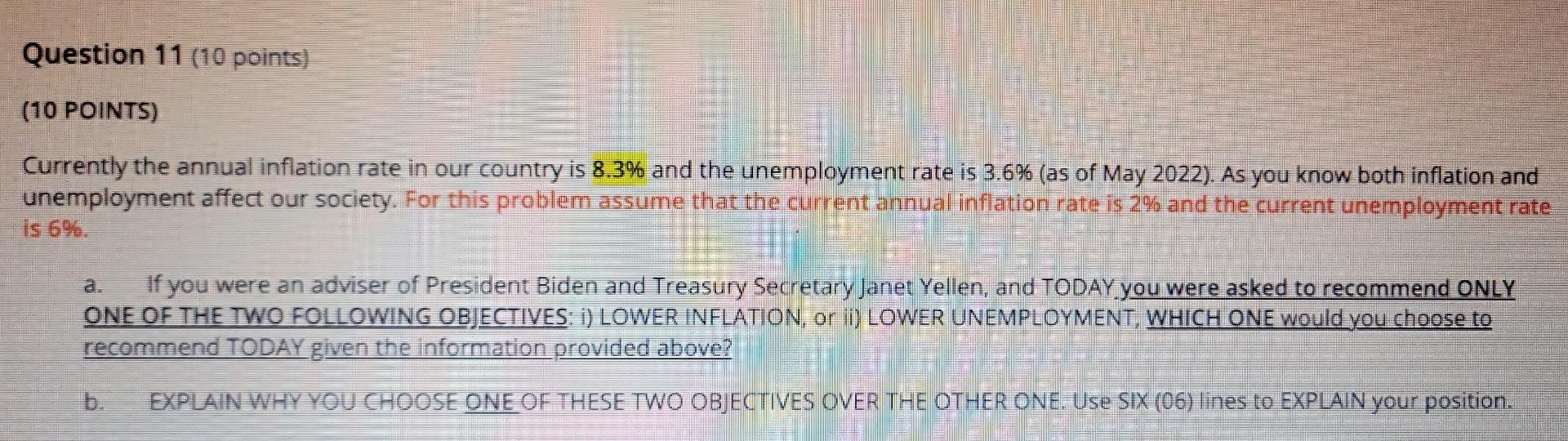 Question 11 10 Points 10 Points Currently The Annual Inflation Rate In Our Country Is 8 3 And The Unemployment Rate 1