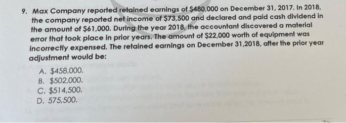 9 Max Company Reported Retained Earnings Of 480 000 On December 31 2017 In 2018 The Company Reported Net Income Of 1