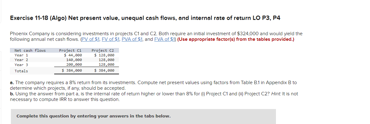 Exercise 11 18 Algo Net Present Value Unequal Cash Flows And Internal Rate Of Return Lo P3 P4 Phoenix Company Is Co 1