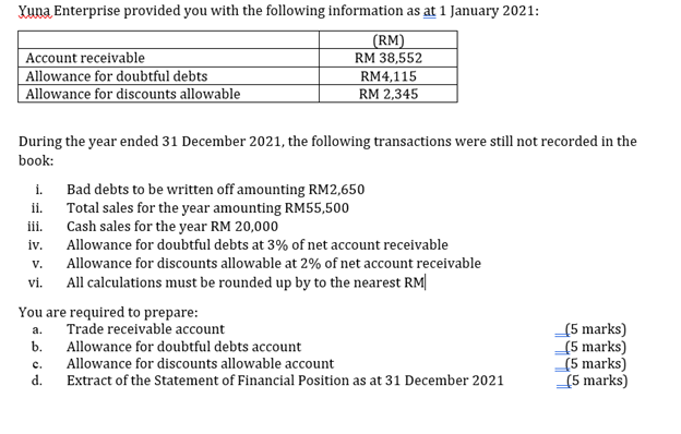 Xuna Enterprise Provided You With The Following Information As At 1 January 2021 Rm Rm 38 552 Account Receivable Allo 1