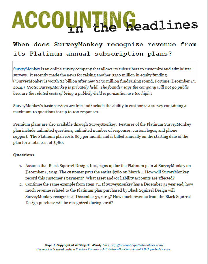 Accountingeadlines When Does Surveymonkey Recognize Revenue From Its Platinum Annual Subscription Plans Surveymonkey Is 1