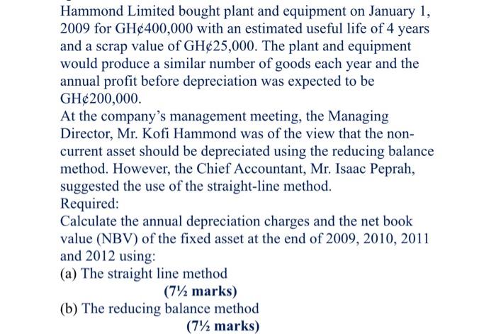 Hammond Limited Bought Plant And Equipment On January 1 2009 For Gh 400 000 With An Estimated Useful Life Of 4 Years An 1