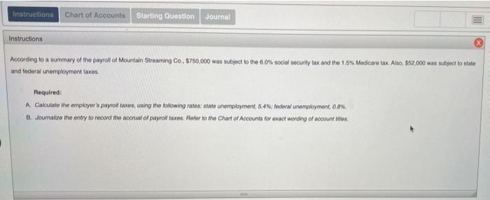 Instructions Chart Of Accounts Starting Question Journal Instructions According To A Summary Of The Payroll Of Mountain 1
