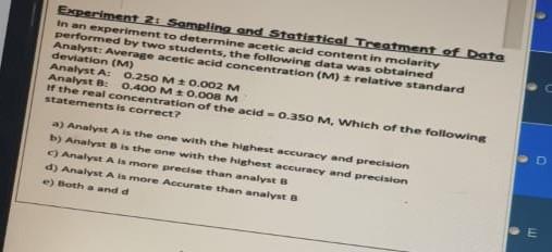 Experiment 2 Sampling And Statistical Treatment Of Data In An Experiment To Determine Acetic Acid Content In Molarity P 1