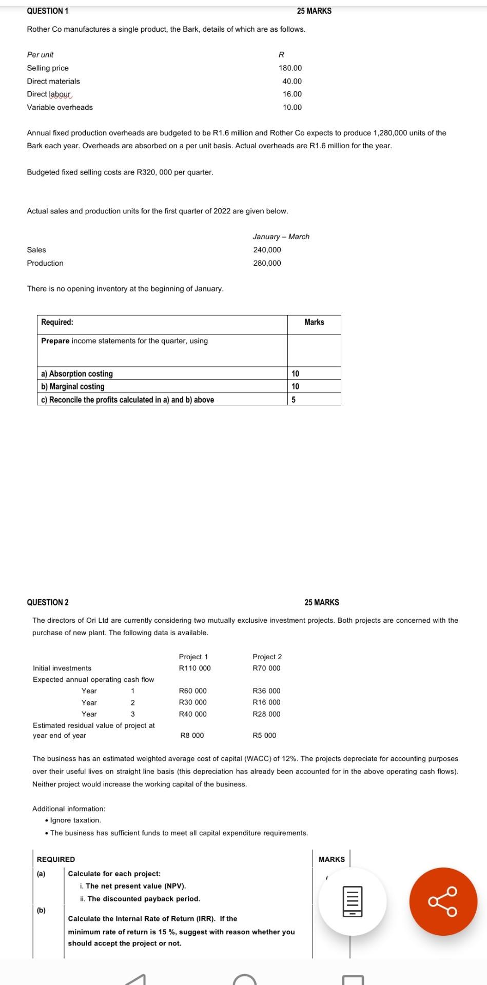 Question 1 25 Marks Rother Co Manufactures A Single Product The Bark Details Of Which Are As Follows Per Unit R Selli 1