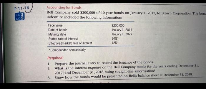 P 11 16 Lo 3 Los Accounting For Bonds Bell Company Sold 200 000 Of 10 Year Bonds On January 1 2017 To Brown Corporati 1