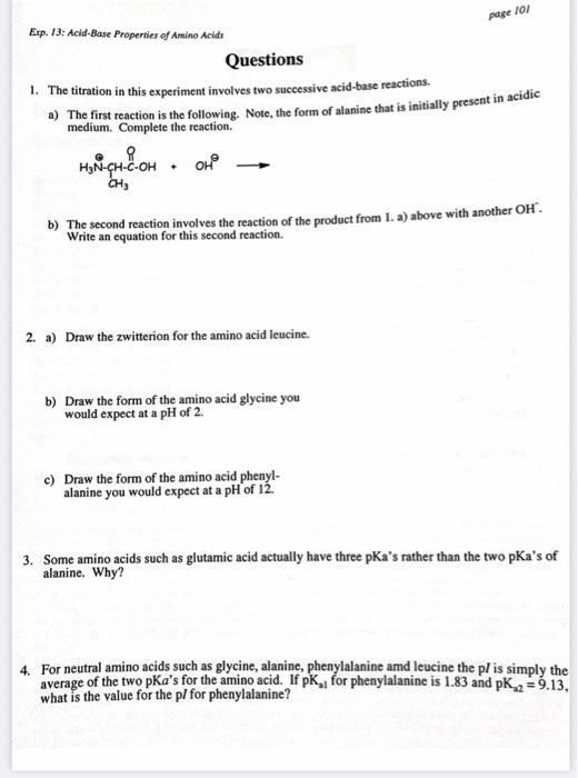 Page 101 Exp 13 Acid Base Properties Of Amino Acids Questions 1 The Titration In This Experiment Involves Two Success 1