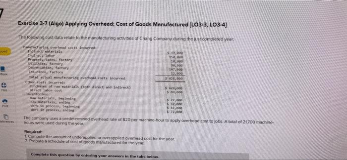 7 Exercise 3 7 Algo Applying Overhead Cost Of Goods Manufactured Lo3 3 Lo3 4 The Following Cost Data Relate To The 5