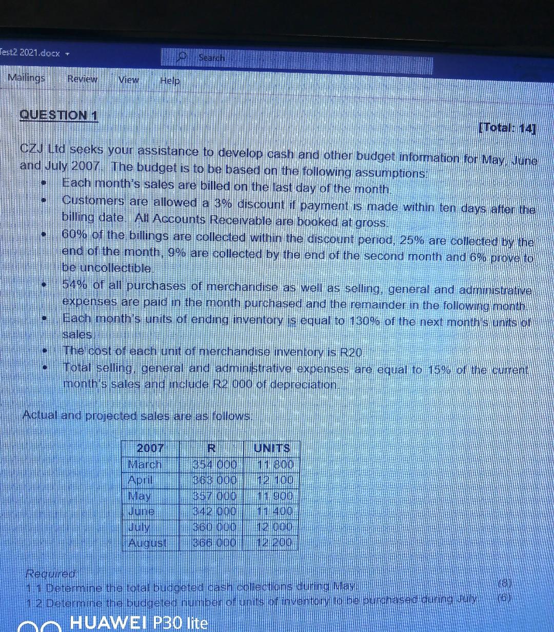 Test2 2021 Docx Mailings Review View Help Question 1 Total 14 Czj Ltd Seeks Your Assistance To Develop Cash And Oth 1