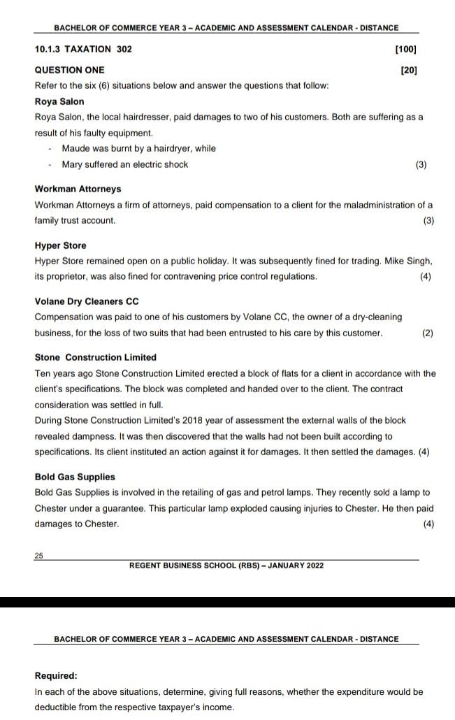 Bachelor Of Commerce Year 3 Academic And Assessment Calendar Distance 10 1 3 Taxation 302 100 Question One 20 Refe 1