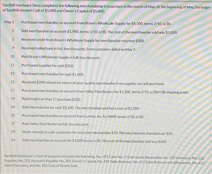 Sandhill Hardware Store Completed The Following Merchandising Transactions In The Month Of May At The Beginning Of May 1