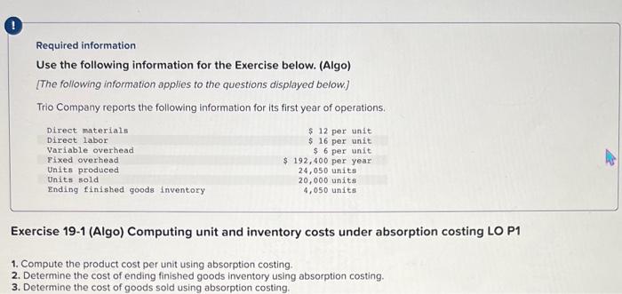 Required Information Use The Following Information For The Exercise Below Algo The Following Information Applies To 1