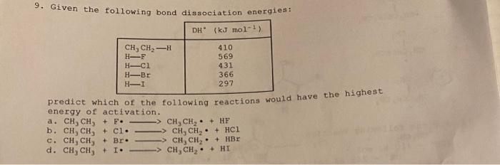 9 Given The Following Bond Dissociation Energies Dh Kj Mol Ch Ch H 410 569 431 366 297 Predict Which Of The Fol 1