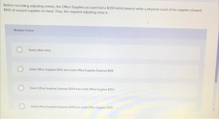 Before Recording Adjusting Entries The Office Supplies Account Had A 359 Debit Balance While A Physical Count Of The S 1