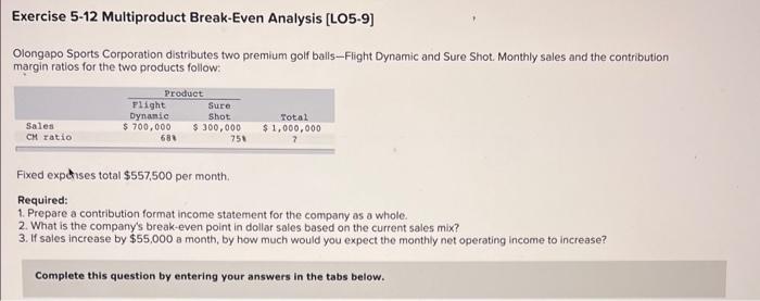 Exercise 5 12 Multiproduct Break Even Analysis Lo5 9 Olongapo Sports Corporation Distributes Two Premium Golf Balls Fl 1