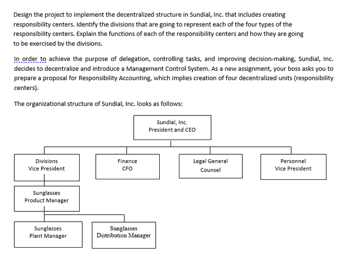 Design The Project To Implement The Decentralized Structure In Sundial Inc That Includes Creating Responsibility Cente 1