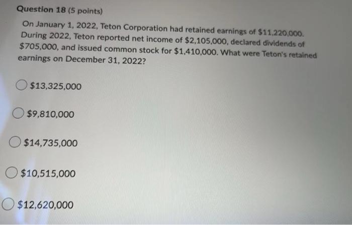 Question 18 5 Points On January 1 2022 Teton Corporation Had Retained Earnings Of 11 220 000 During 2022 Teton Re 1
