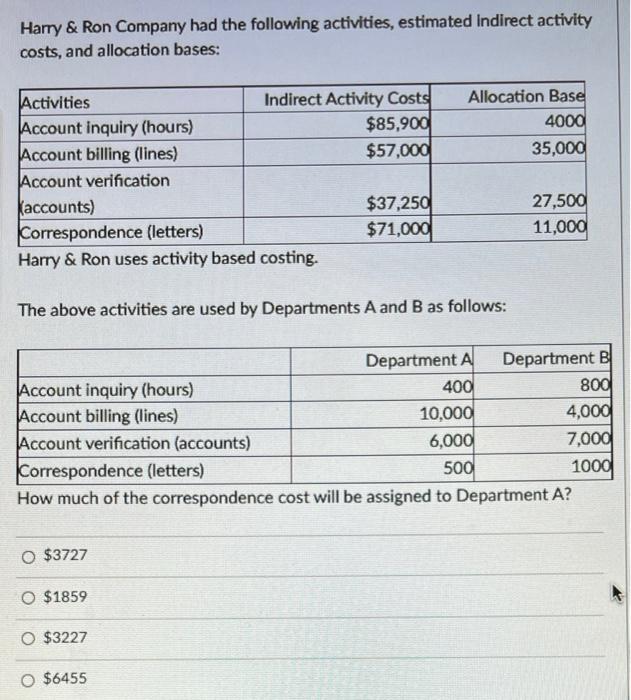 Harry Ron Company Had The Following Activities Estimated Indirect Activity Costs And Allocation Bases Activities In 1