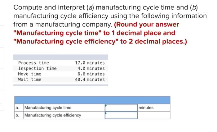 Compute And Interpret A Manufacturing Cycle Time And B Manufacturing Cycle Efficiency Using The Following Informatio 1