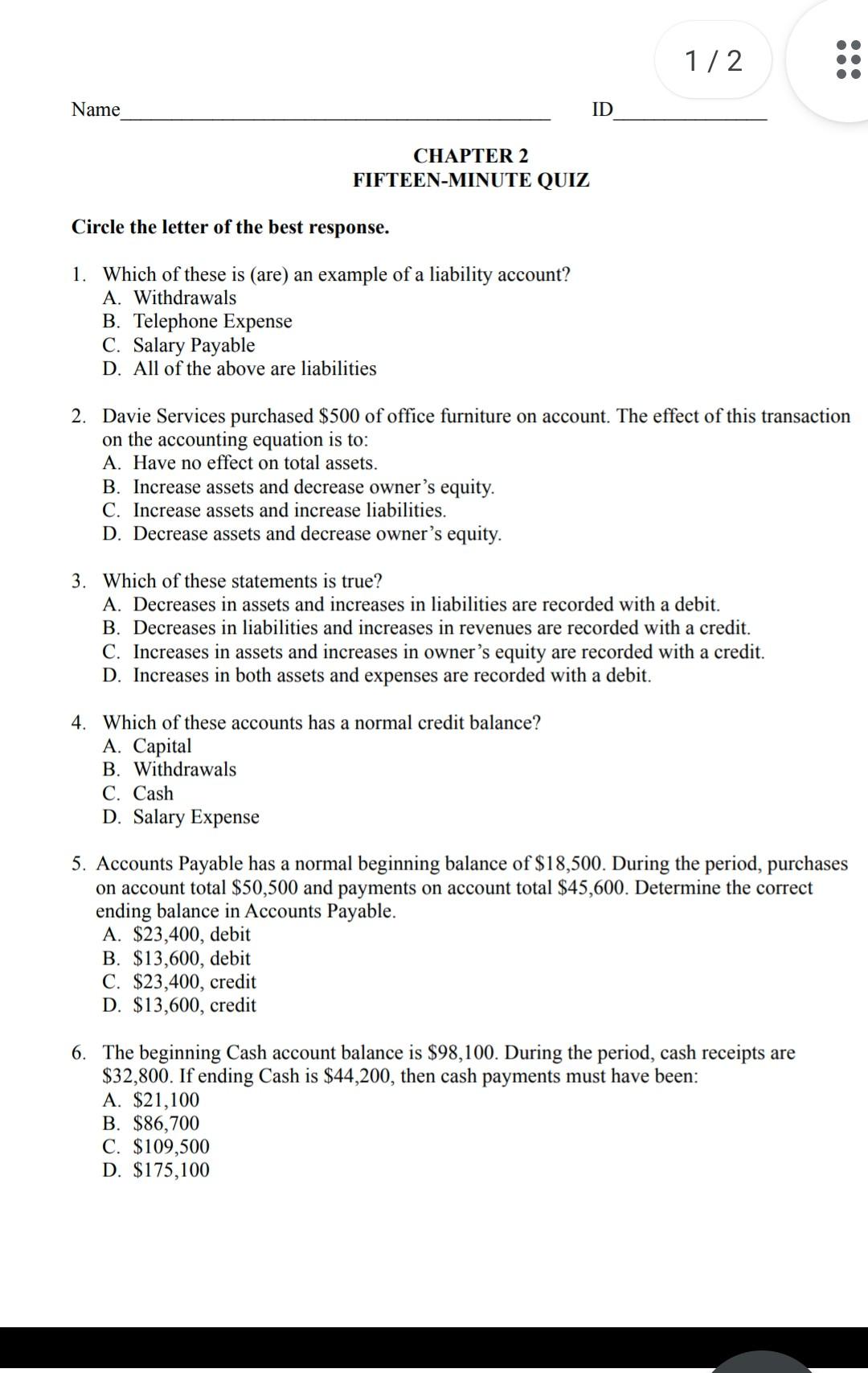 1 2 Name Id Chapter 2 Fifteen Minute Quiz Circle The Letter Of The Best Response 1 Which Of These Is Are An Example 1