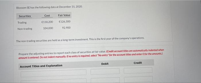 Blossom Se Has The Following Data At December 31 2020 Securities Cost Fair Value Trading 118 200 126 300 Non Trading 1