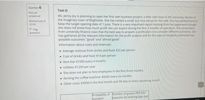 Question 6 Not Yet Answered Marked Out Of 22 00 Flag Question Task 6 Ms Jenny Joy Is Planning To Open Her First Own Bu 1