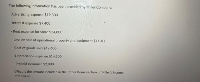 The Following Information Has Been Provided By Miller Company Advertising Expense 19 800 Interest Expense 7 400 R 1